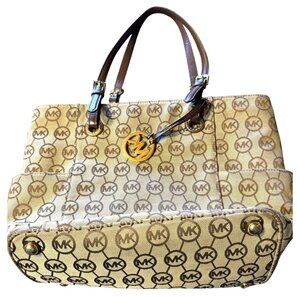 Michael Kors Signature Brown Monogram Tote Bag With Gold MK Charm & Leather Hand